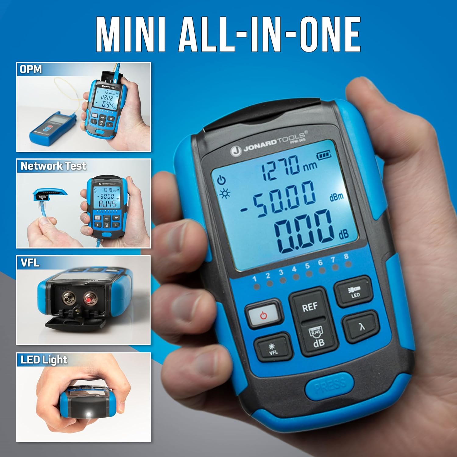 Jonard Tools FPM-50S Mini Optical Power Meter - 3-in-1 Tool, OPM (-50 to +26dBm), VFL, RJ45 Network Tester, 800-1650nm Range, FC & LC Adapters