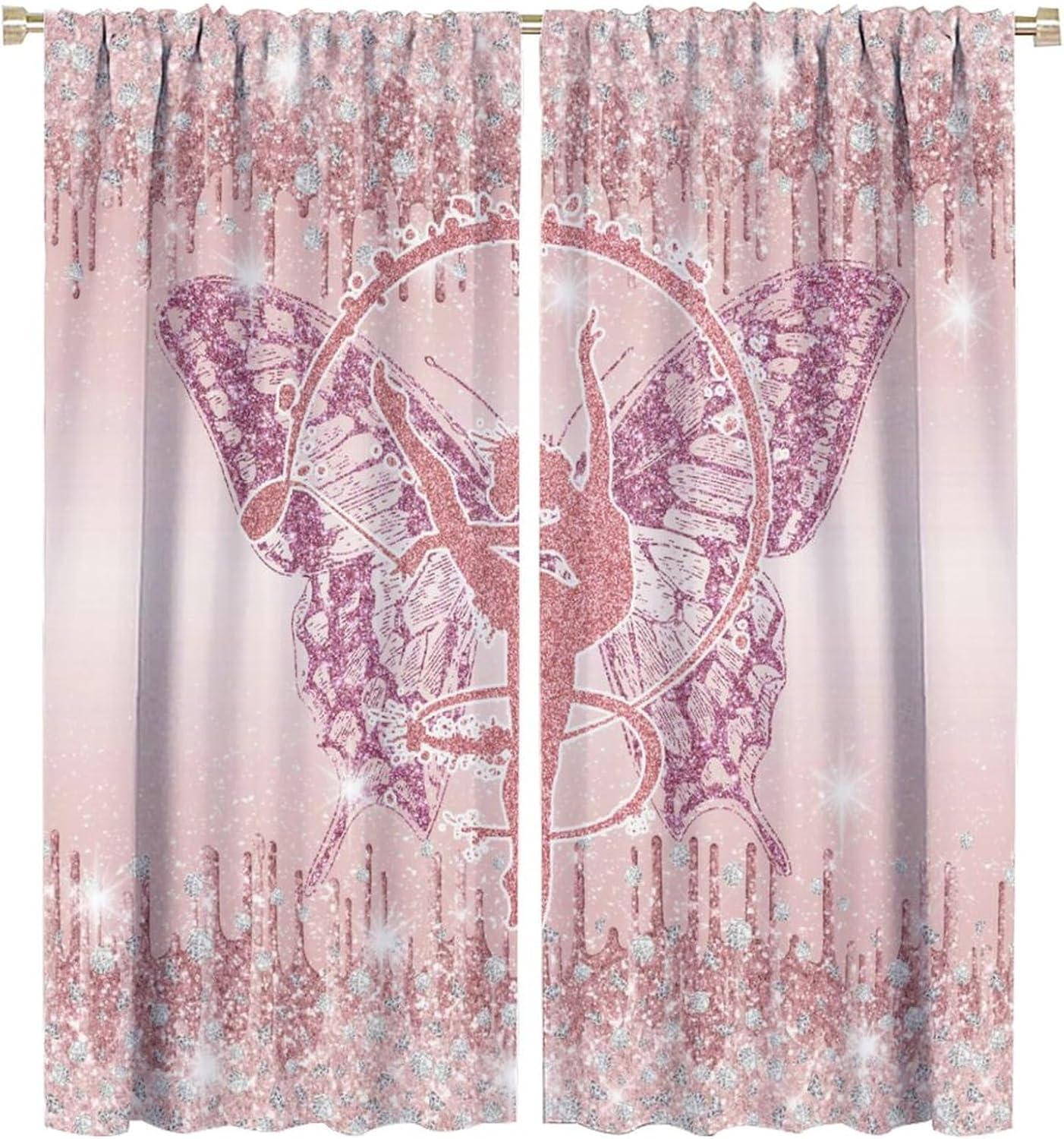 Brebasf Modern Girl Gymnastics Athlete Curtains-Rustic Diamond Glitter Sequin Butterfly Dance Silhouette Window Curtain Darkening Thermal Insulated Rod Pocket Curtains 2 Panels 63"L x 27.5"W