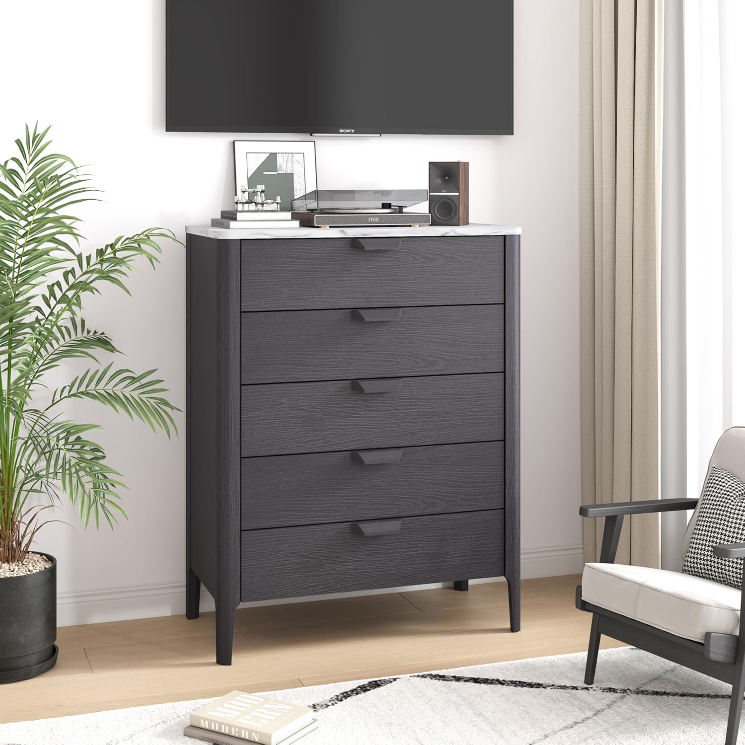 Black 5 Drawer Nightstand with Faux Marble Top Wooden End Table Storage Cabinet Stylish and Durable Design Bedside Table for Bedroom