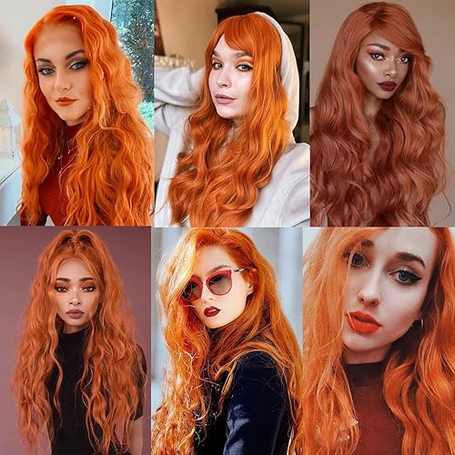 Miniatura 5 de JSDshine Pelucas largas y onduladas de color naranja para mujer, parte media de 26 pulgadas, peluca sintética rizada natural, pelucas de fibra
