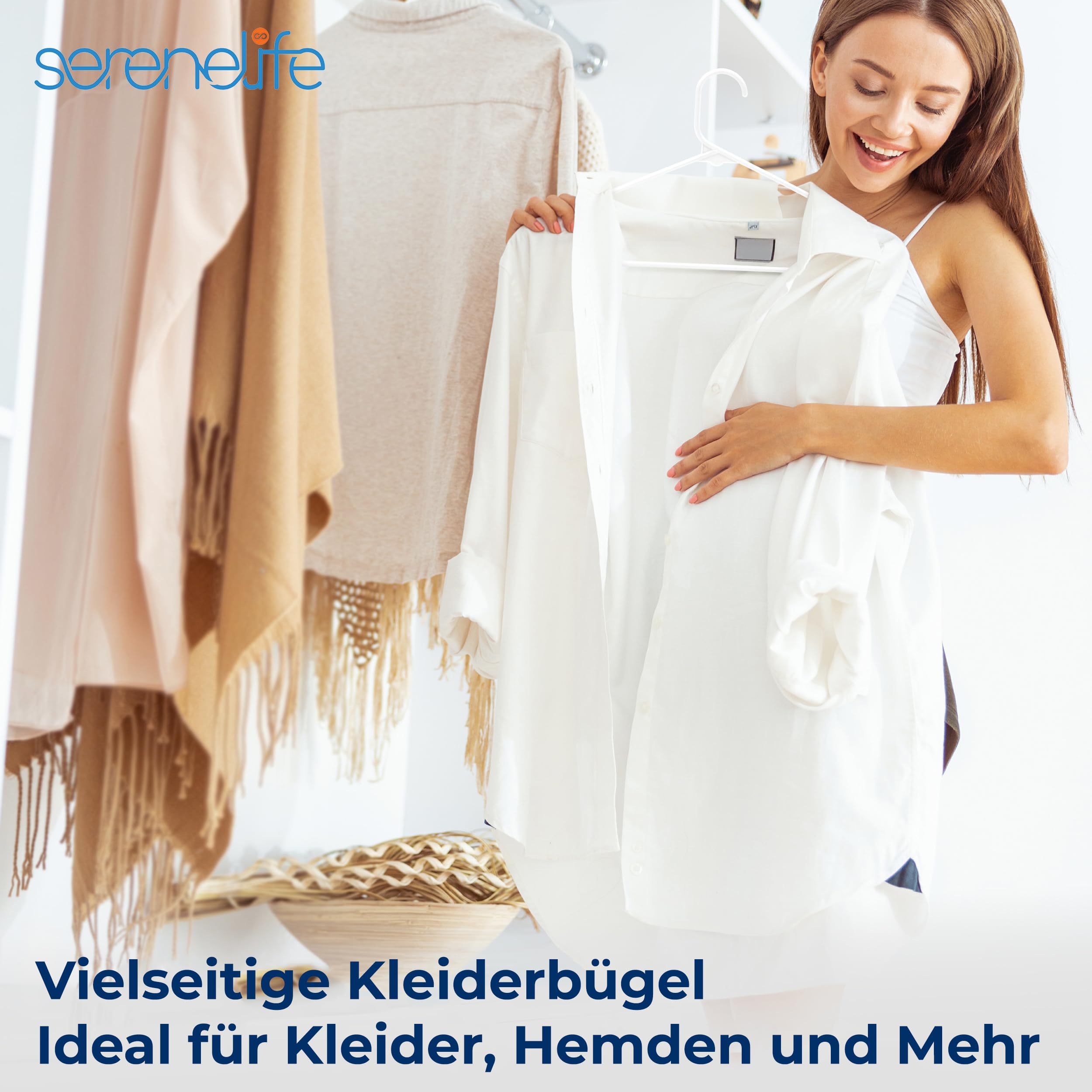 SereneLife Kleiderbügel Weiß Kunststoff – 200 Stück, 41 cm, 0,6 cm dünn | rutschfest & platzsparend Ultradünne Hangers für Haushalt, Geschäft & Gewerbe