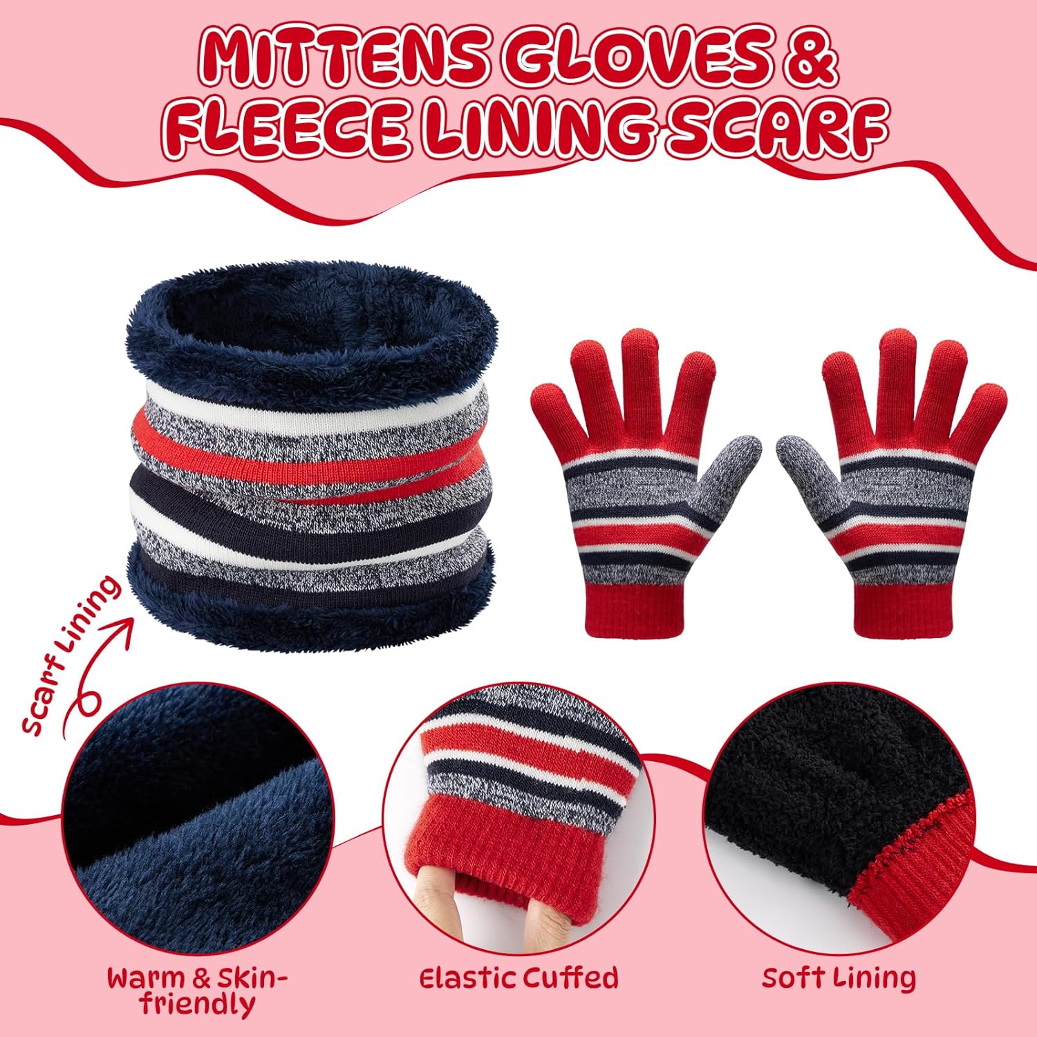 OZERO 2&3Pcs Kids Winter Knit Hat Gloves Scarf Set Warm Fleece Lining Thermal Beanie for 3-8 Year Boys and Girls - Image 7