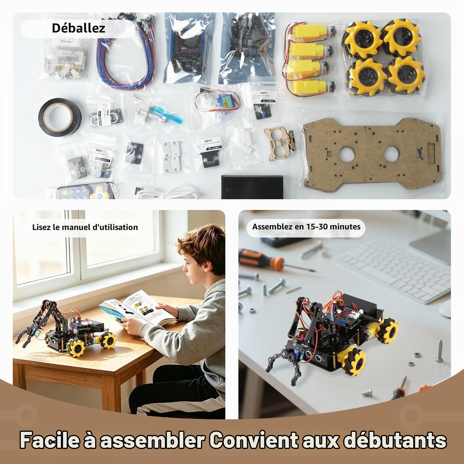 Robotique pour enfants de 8 à 12 ans, kit de voiture robot intelligent ACEBOTT avec 5DOF, jouets STEM pour garçons âgés de 8 à 12 ans, 12 à 16 ans et plus, codage ESP32 Arduino/Python/Blockly