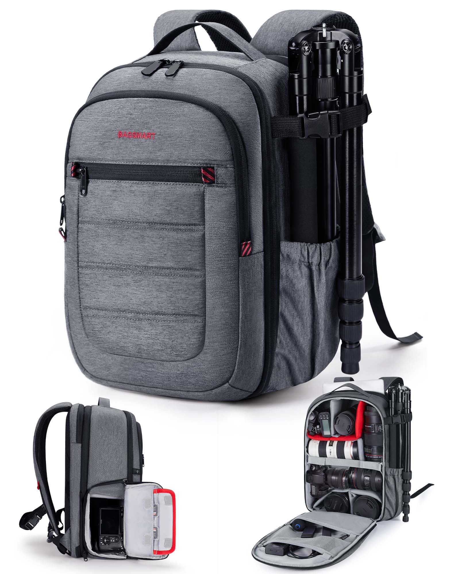 bagsmart Mochila de cámara ampliable DSLR SLR para fotógrafos, mochila de viaje para fotografía impermeable con compartimento para portátil de 15,6 pulgadas y soporte para trípode