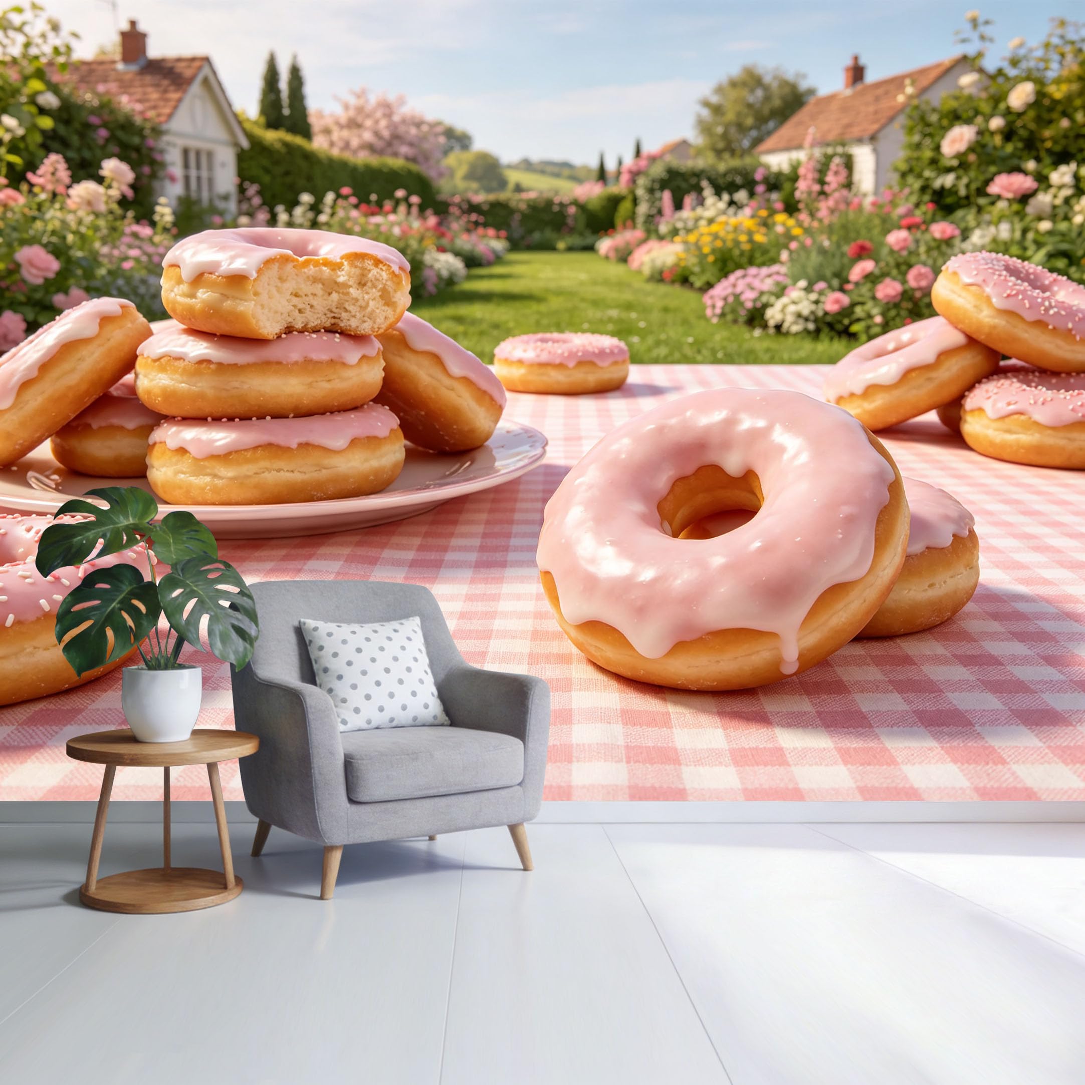 Custom Size Wall Mural Pink Glazed Donuts Garden Picnic Landscape SelfAdhesive Wall Fabric Removable Wallpaper for Home Office Decor