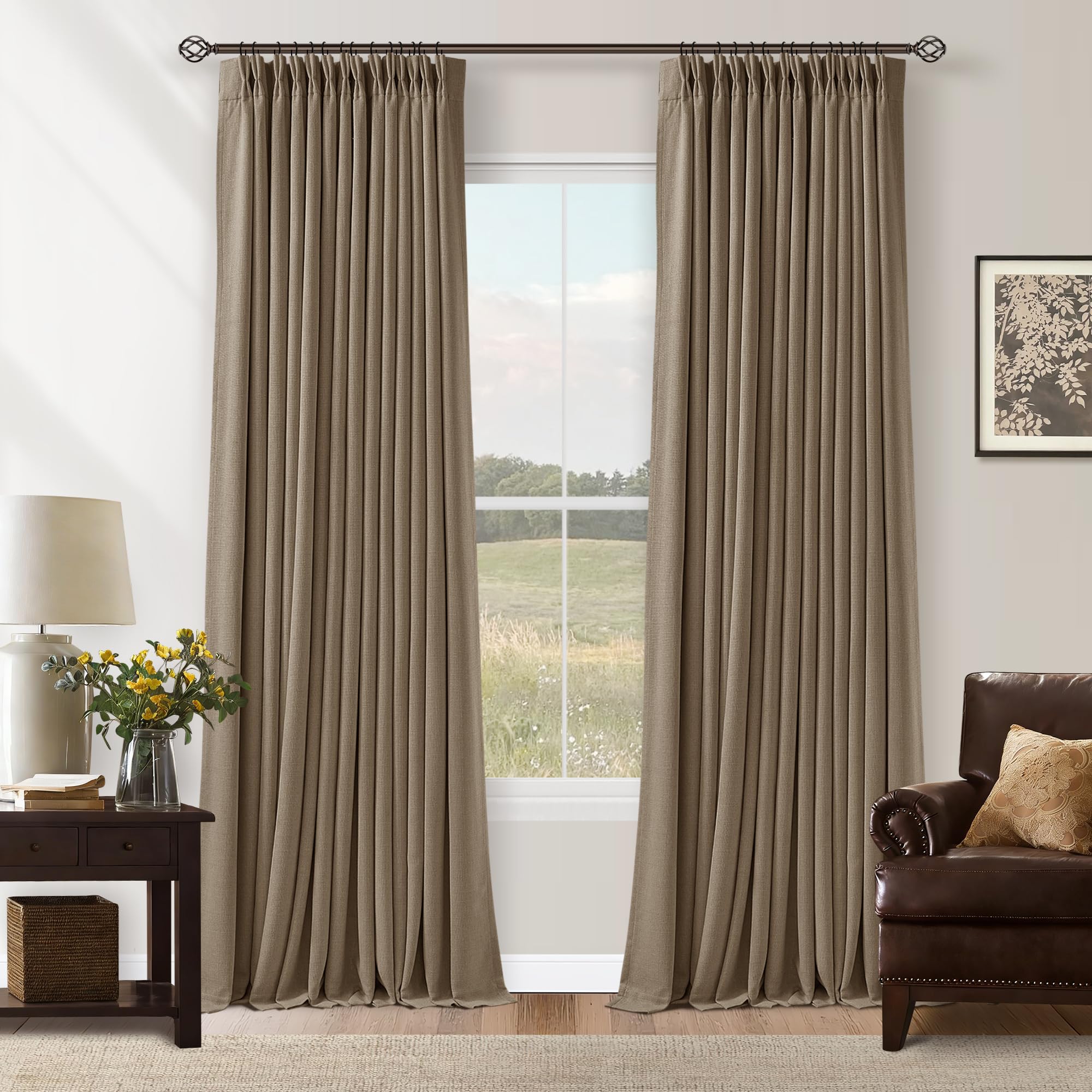 100 Inch Pinch Pleated Blackout Linen Curtains for Bedroom 2 Panels Memory Trained 100% Black Out Soundproof Room Darkening Latte Window Curtains Double Layer Pinch Pleat Drapes