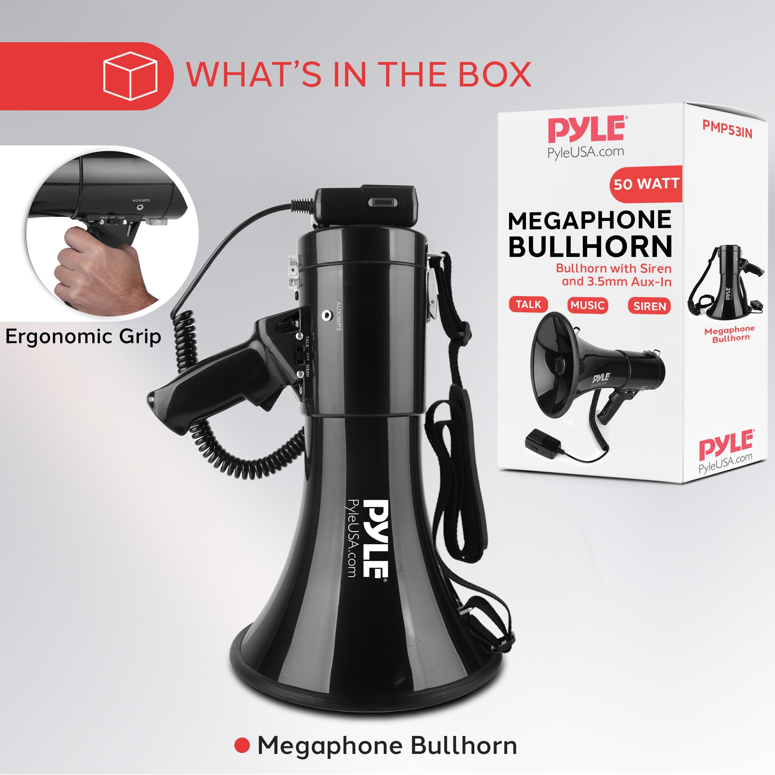 Pyle Mégaphone Haut-Parleur PA Bullhorn - Sirène Intégrée 50 Watts & Commande de Volume Ajustable
