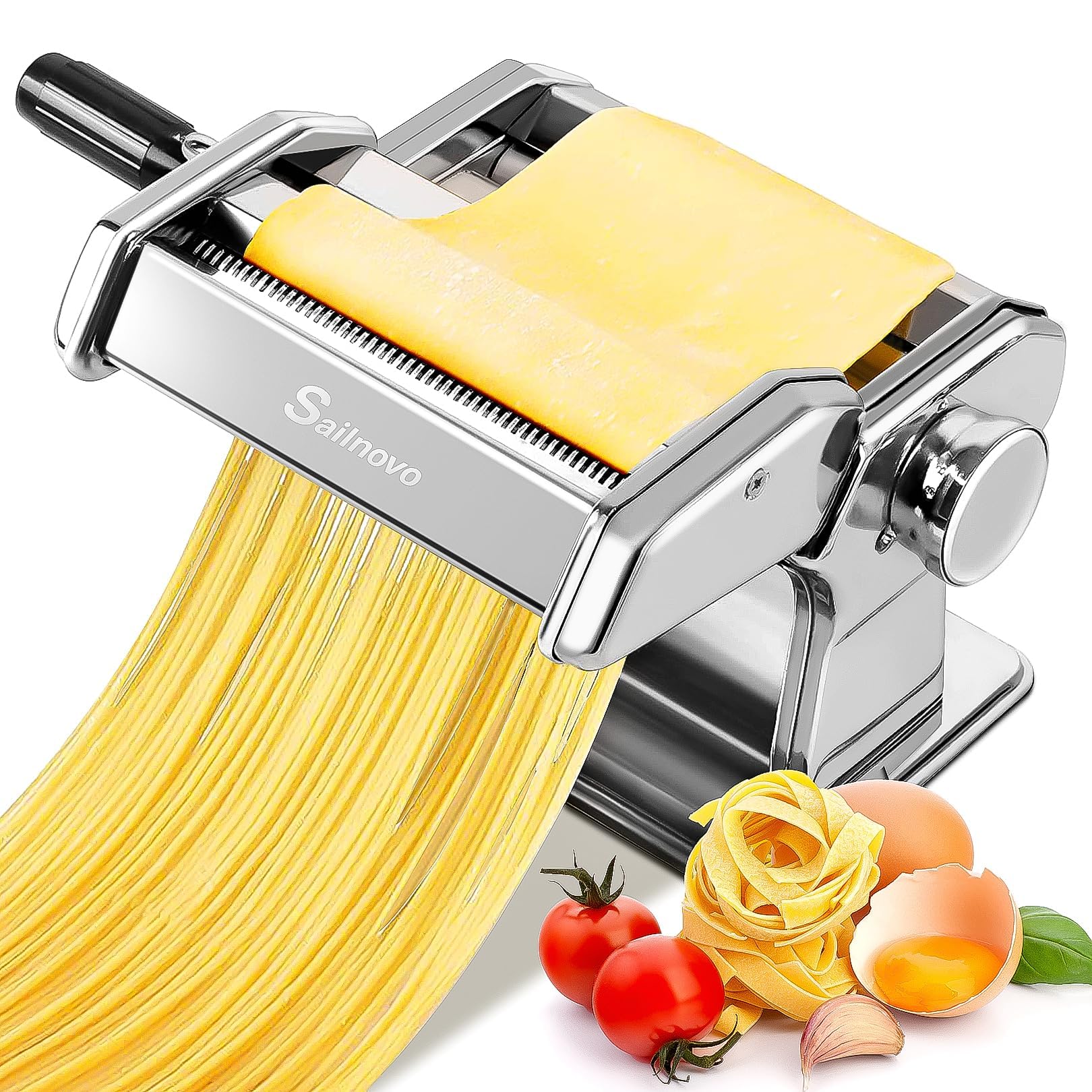 Sailnovo Nudelmaschine Pasta Maker 180 Aluminiumlegierung mit 9 Einstellbaren Stärkeeinstellungen und 2 Schneidern, Nudelmaschine Manuell für Spaghetti, Fettuccini, Lasagne, Geschenk (Silber)
