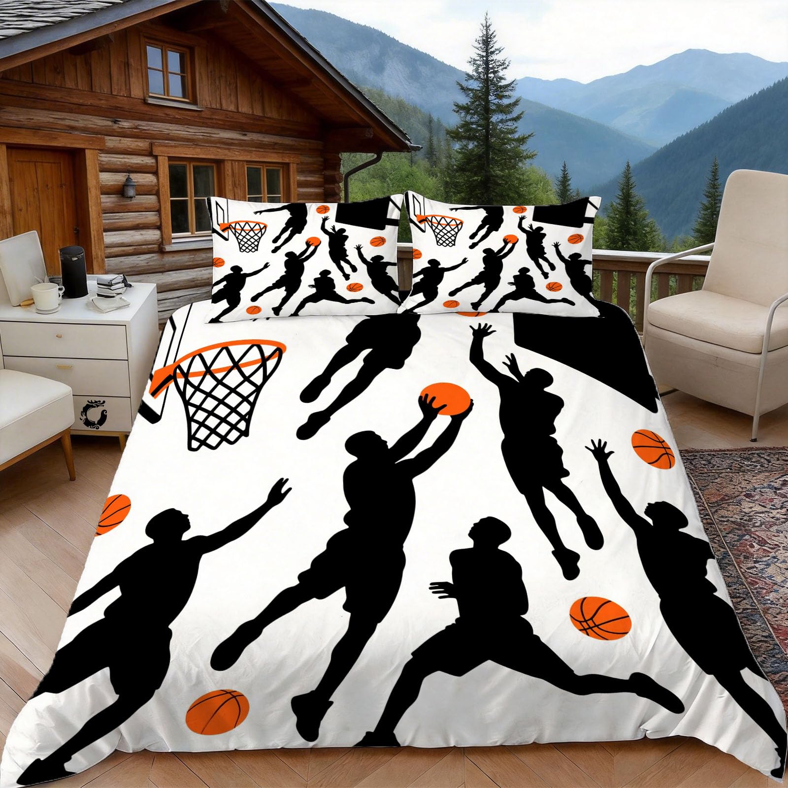 Housse de couette 200x200 basketball parure de lit 2 personnes noir