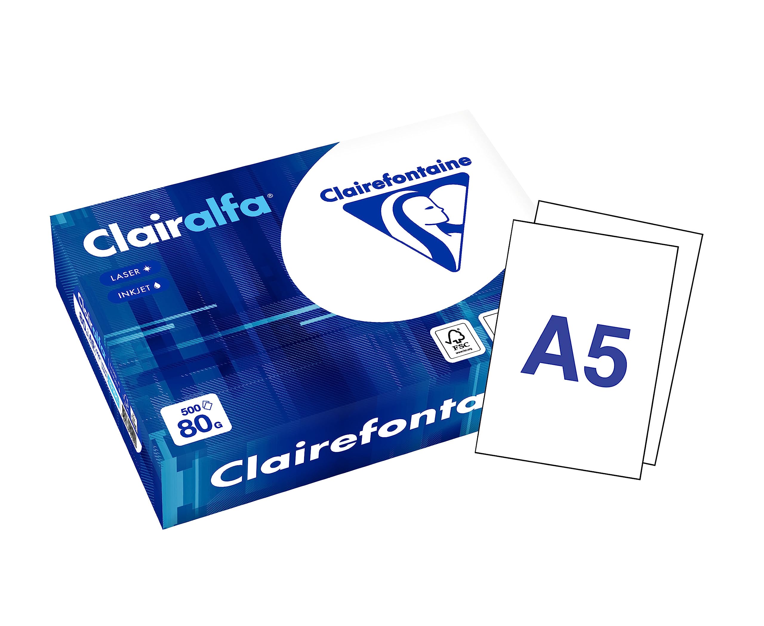 Clairefontaine 1910C - Karton mit 10 Ries Druckerpapier / Kopierpapier Clairalfa, extraweiß, DIN A5, 80g, 500 Blatt x 10, Weiß, 1 Karton