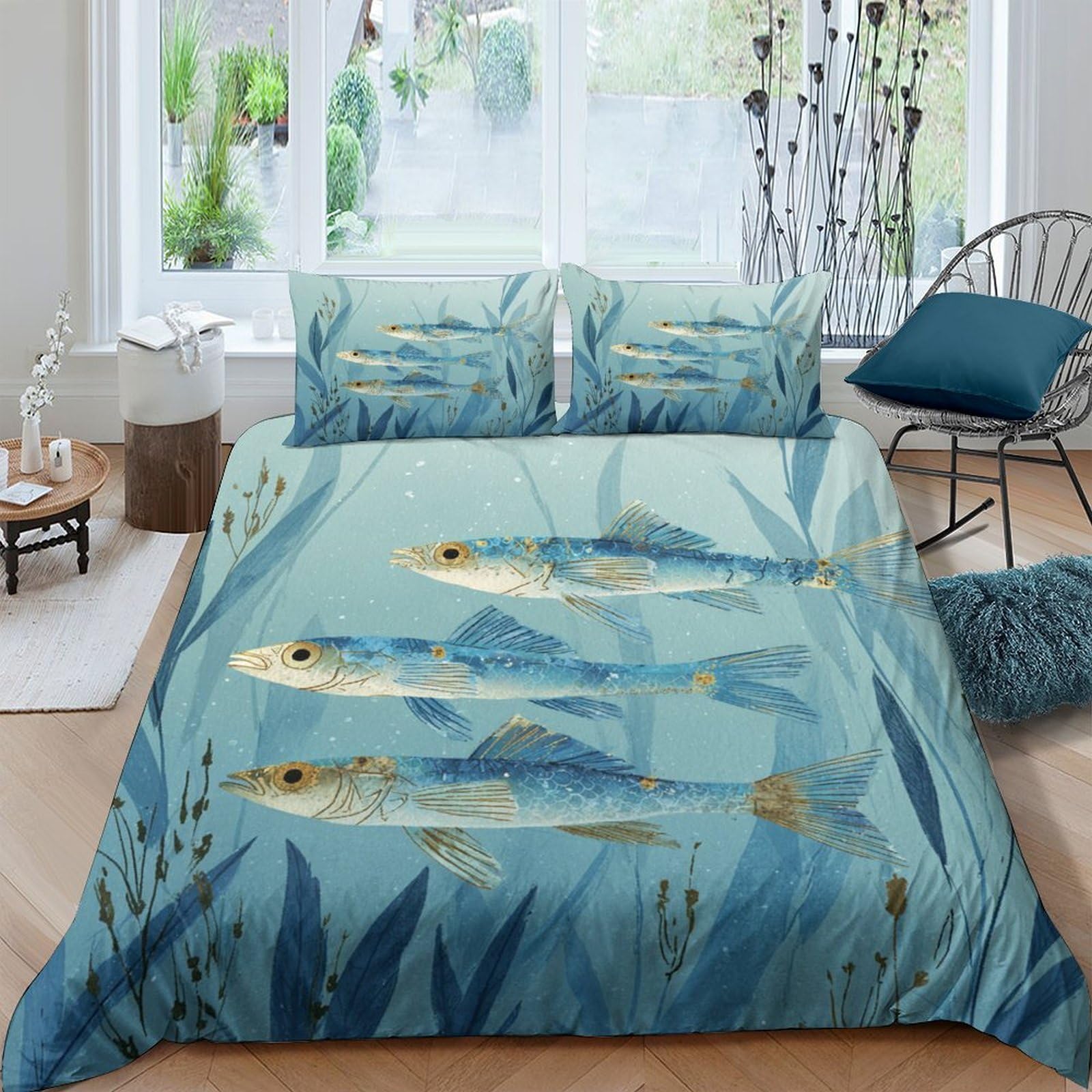 Ctjqhvkz Style-1 3D Printed Ocean Fish Fitted Sheet Microfiber Soft Blue Seaweed Bed Cover For Bedroom Guest Room Decor Single（135X200cm）