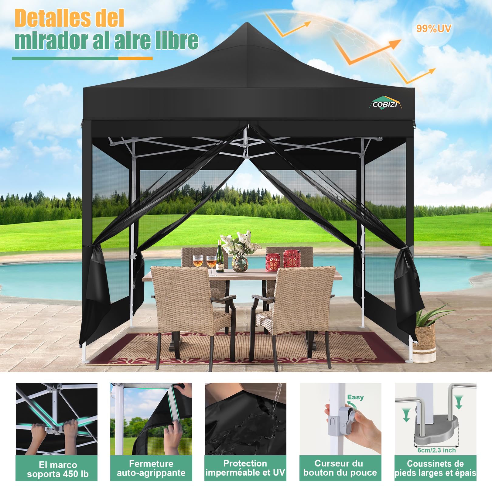 COBIZI Carpa Plegable 3x3 con Mosquitera Pared Lateral,Impermeable Carpa Plegable,Carpas para Exteriores Pergola,Cenadores para Jardin Camping Playa con Bolsa de Transporte(3 por 3m Negro) | Impermeable, con 3 alturas ajustables, 4 paredes laterales y bol