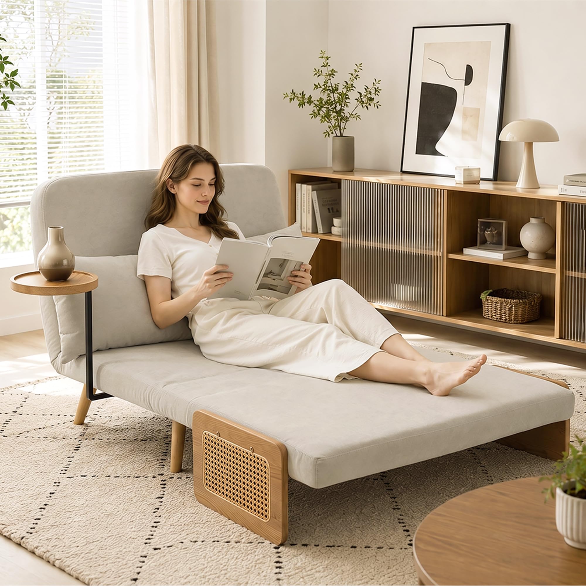 HOMCOM Sofá Cama 2 Plazas Convertible 3 en 1 131x78x82 cm Blanco Crema | Sofá Cama Plegable, Tapizado Chenilla, Respaldo Ajustable, Mesa Lateral de Madera, 2 Almohadas con Funda Lavable