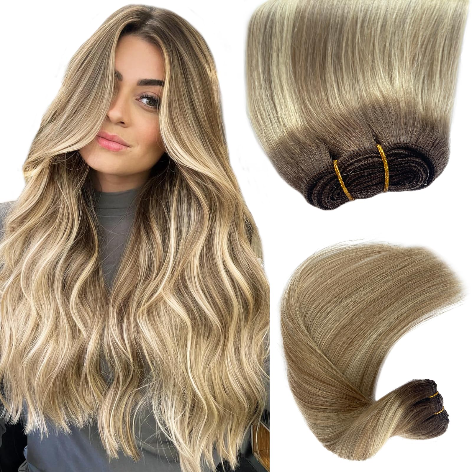 Photo 1 of Ubetta Ombre Brown to Ash Blonde Balayage Weft Hair Extensions - 22 Inch, 120G