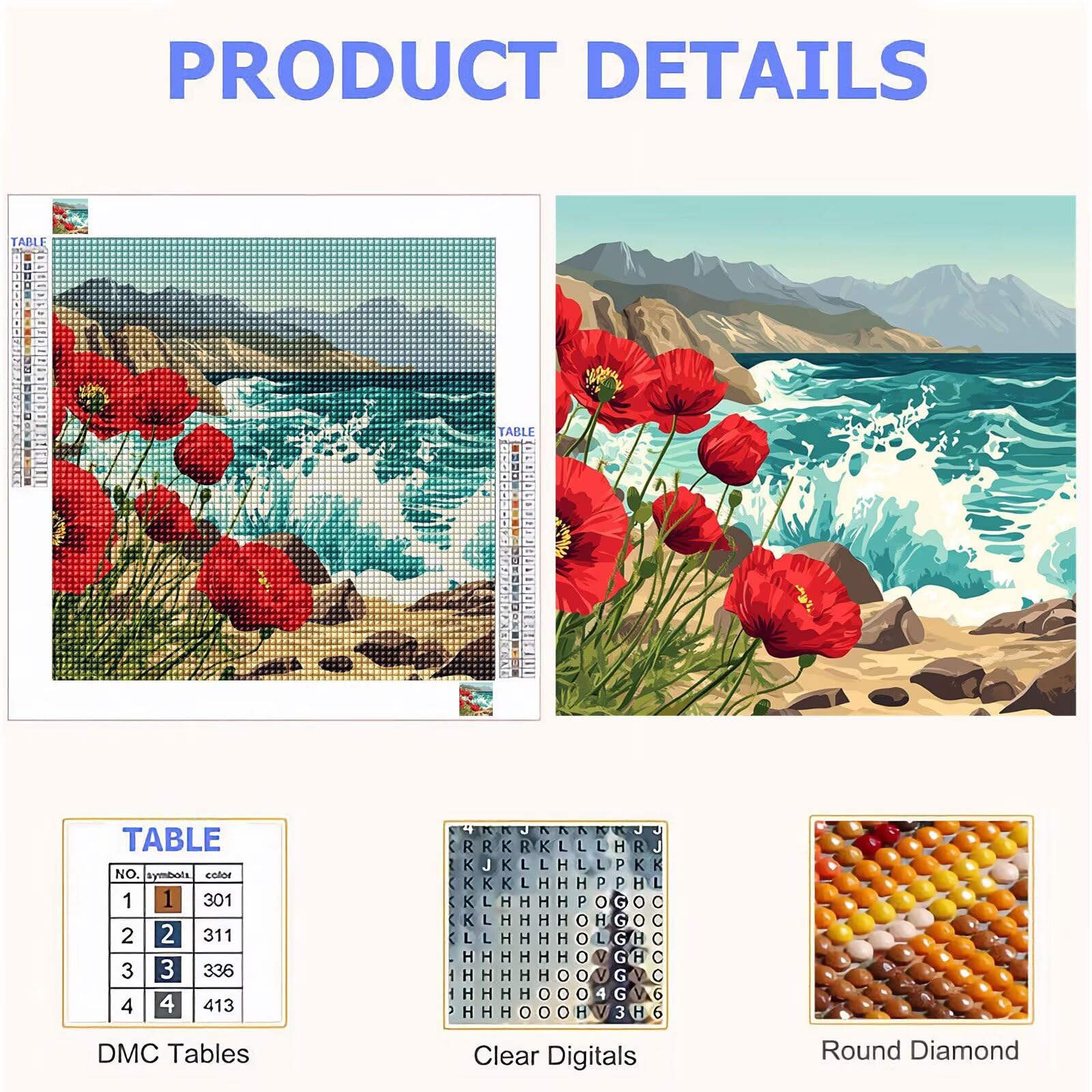 5D Diamond Painting Kit Complet, Diamond Painting Enfant Fleur Plein Foret Peinture Diamant Plage pour Adulte Débutant, Activité Manuelle Cristal Art Canevas Kit pour Décoration Murale 70x70cm FX#603