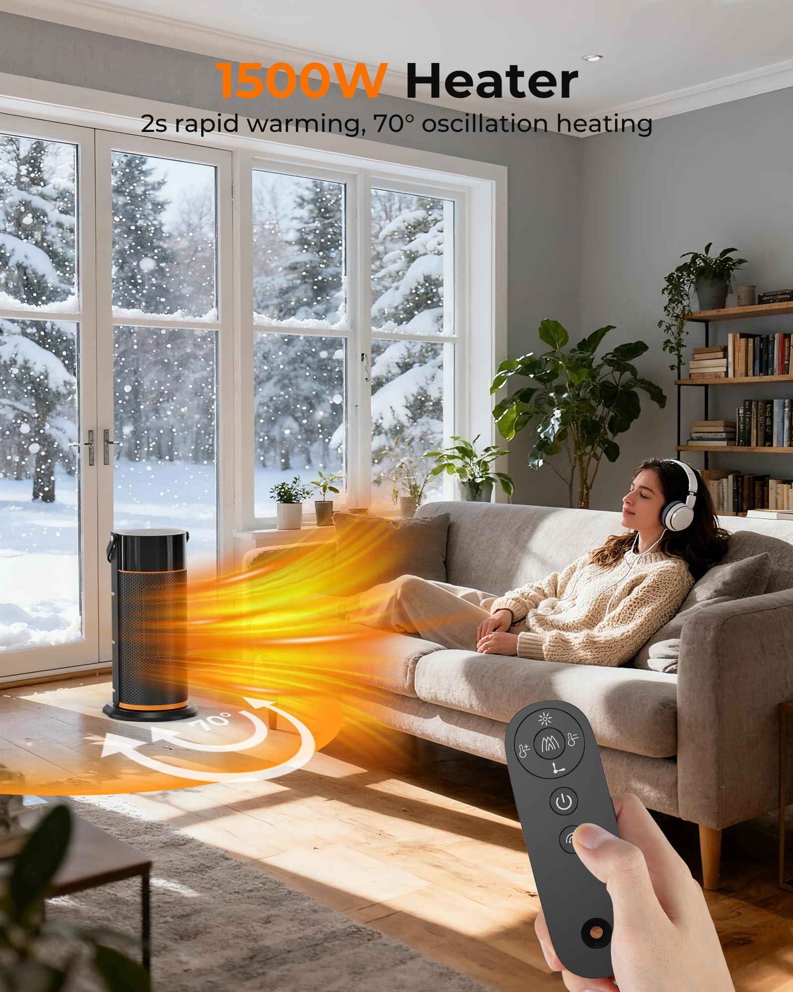 Chauffage d'Appoint Économe Noir - 2000W PTC Céramique, 4 Niveaux de Puissance, Télécommande, Oscillation à 70°, Sécurité Anti-chute et Surchauffe, Chauffage Électrique pour Chambre/Salon/Bureau