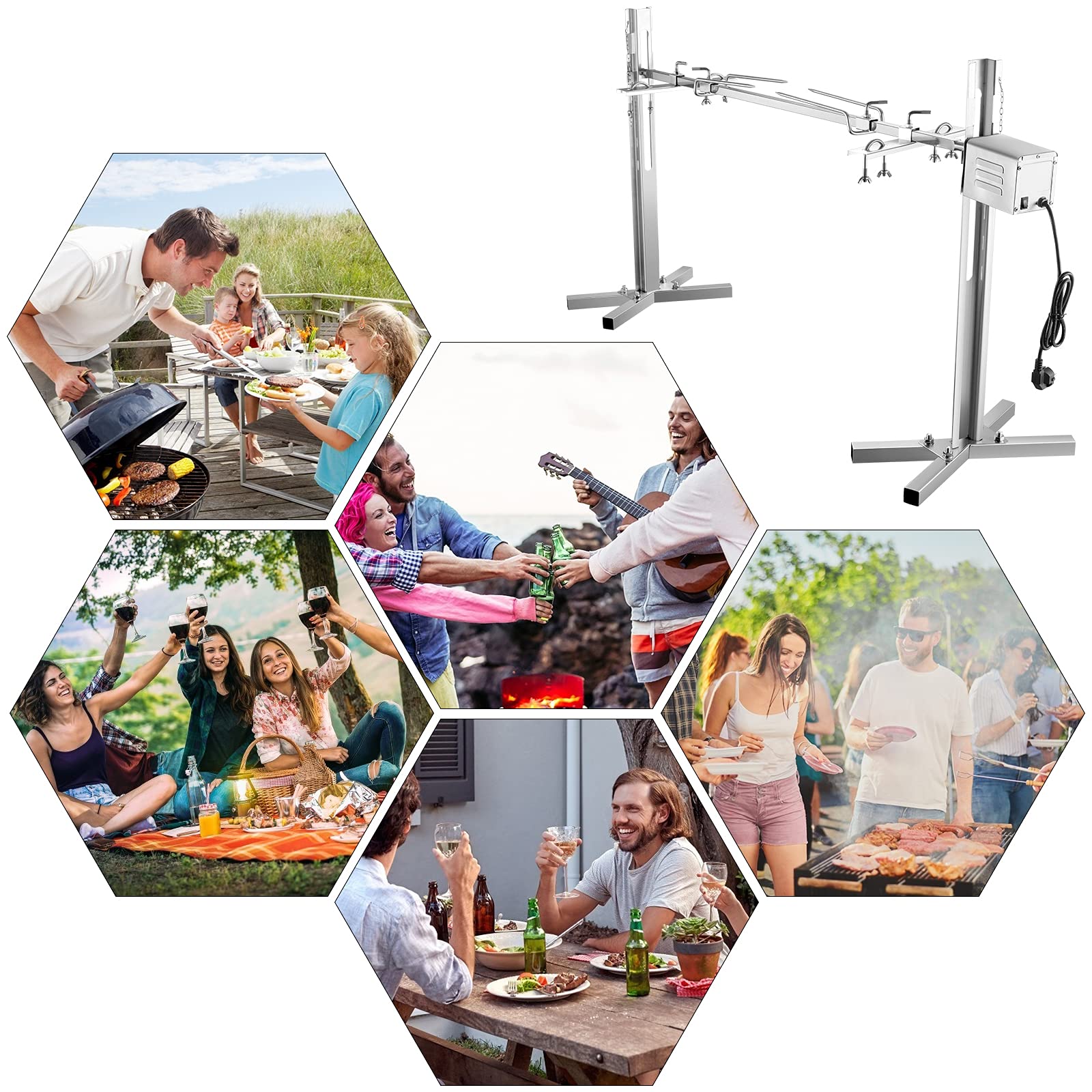 Girarrosto elettrico per barbecue, motore 15W a rotazione 360°, altezza regolabile 38-62 cm, spiedo in acciaio inox per maialino, agnello e tacchino, portatile per esterni e campeggio