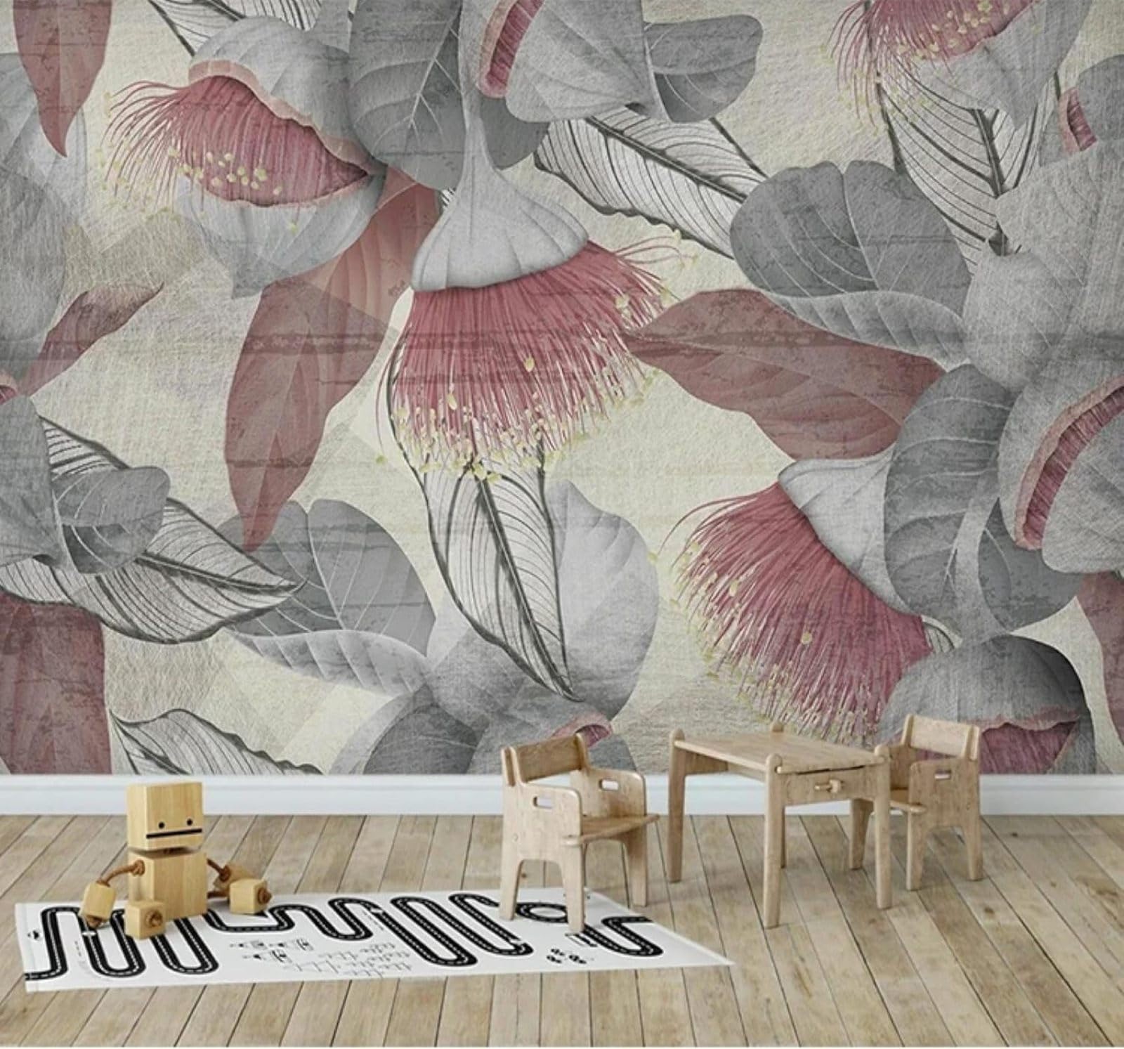 XLMING Retro Hand Drawn Leaves Flowers Art 3D Wallpaper Silky Texture Home Study Office Grey Dining Room Sofa Bedroom Living Room TV Backdrop-250cm×170cm