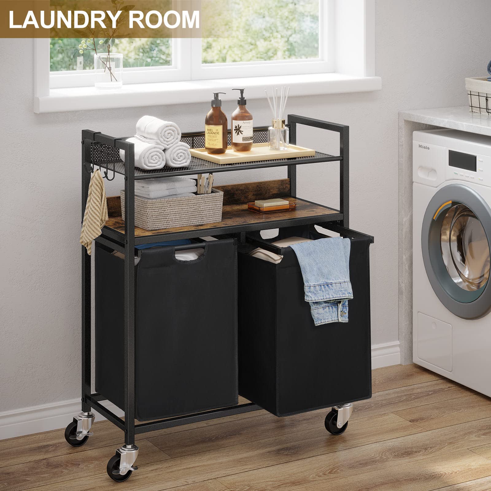 Greenstell Laundry Hamper Cart, Laundry Basket with Shelf, Large Pull ...