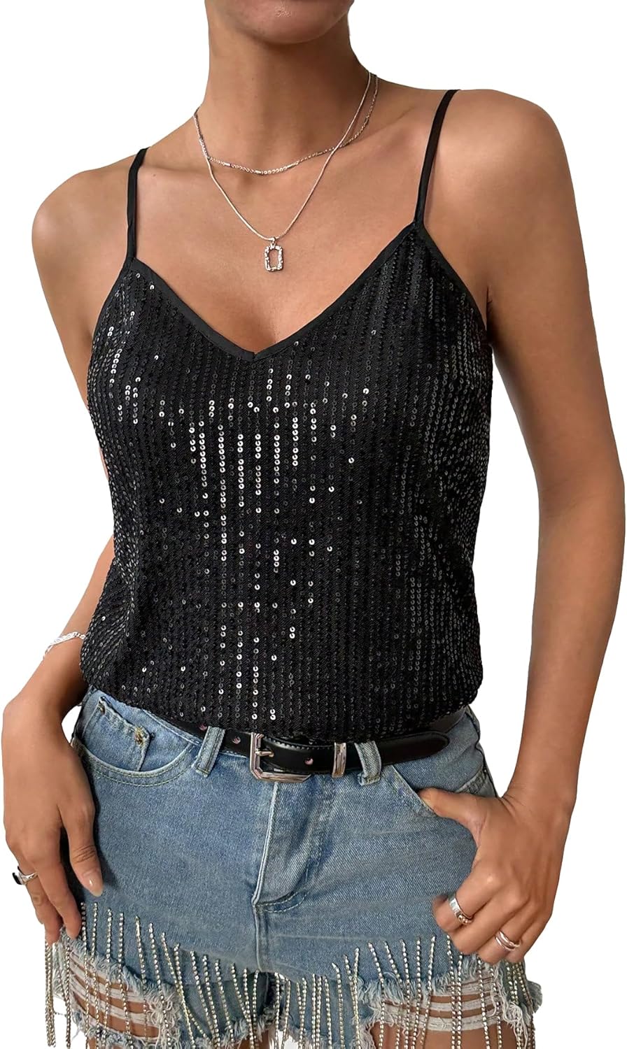 OYOANGLE Women's Sequin Sparkle V Neck Spaghetti Strap