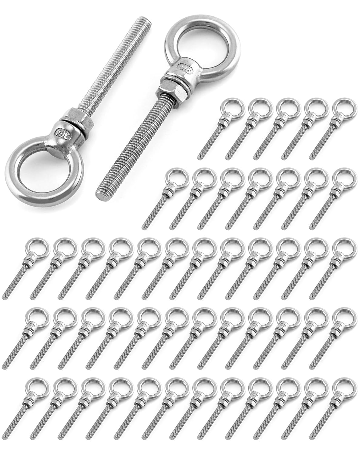 QWORK Threaded Eyebolts, 50 Pack 1/4" x 2" Long Stainless Steel Marine Grade Shoulder Eye Bolt