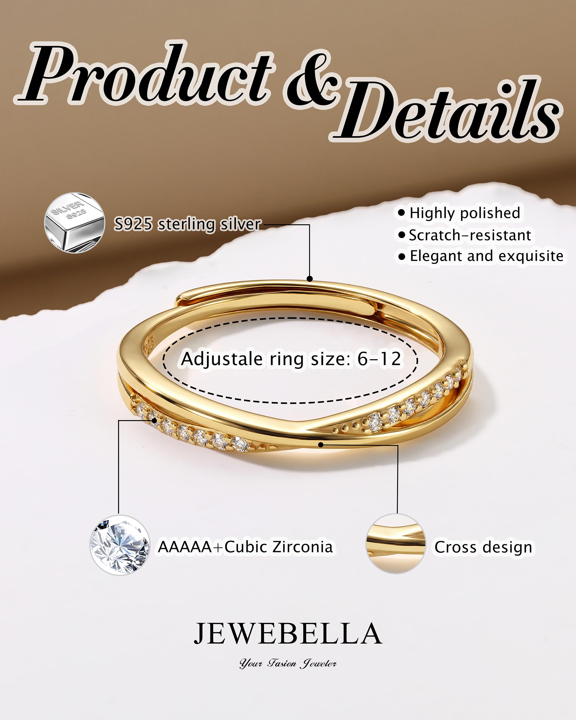 JeweBella Ring Damen Silber 925 Verstellbare Zirkonia Ring Silber/Gold/Roségold Minimalistisch Eheringe Verlobungsring Trauringe Fingerring Damen Schmuck