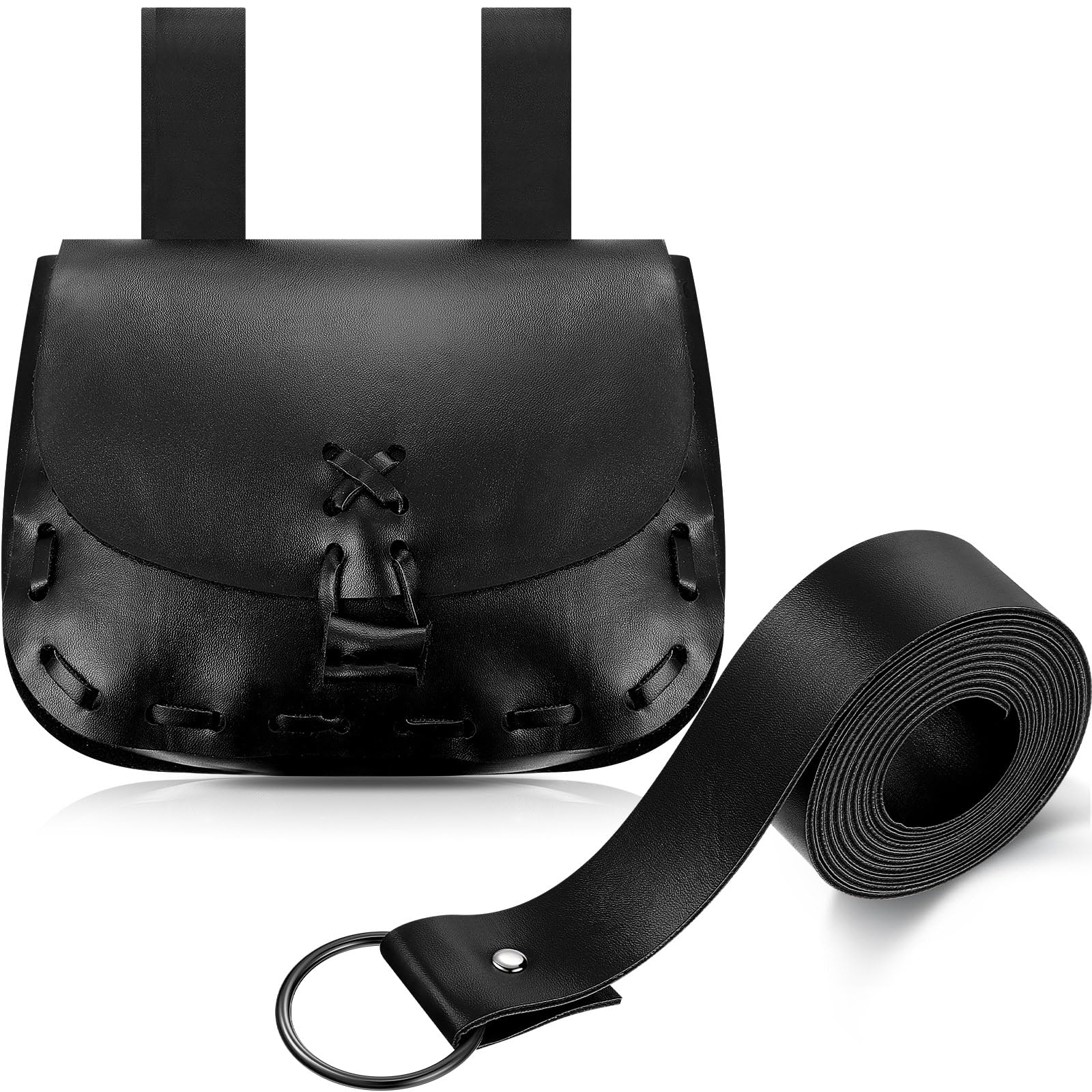 Kigeli 2 Pcs Medieval Belt Bag With Medieval Ring Belt Steampunk Leather Belt Pouch Renaissance Belt for Halloween Men Cosplay (Black,Classic Style)