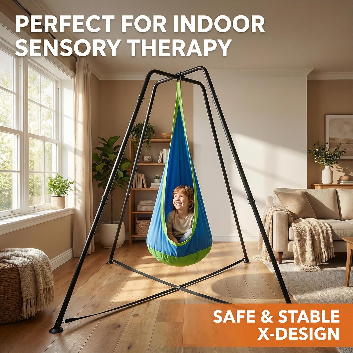 X-Frame Swing Stand for Family, 350 LBS Heavy Duty Indoor Outdoor Swing Frame with Dual-Bolt Reinforced Joints & Double-Layer Anti-Slip Feet, Stable Metal Support Frame (Seat Not Included)