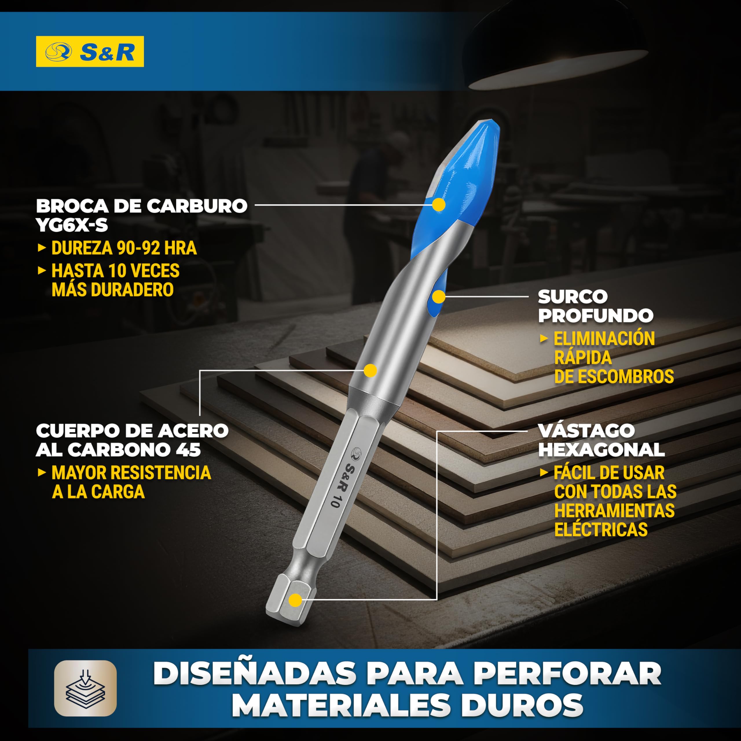 S&R Juego de Broca Azulejos Porcelanico Cerámica dura - Broca 4/5/6/8/10 mm - Broca para Porcelanico Azulejos Céramica Mármol Granito Vidrio. Brocas de Vástago hexagonal de 1/4