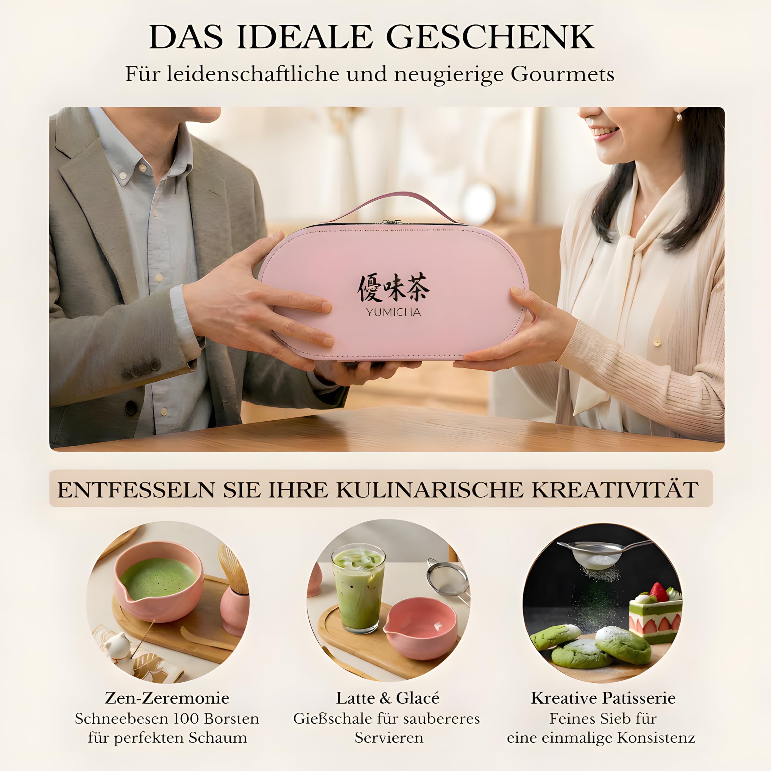 Matcha Set mit Bambusbesen, Keramikschale & Sieb – Matcha Tee Starter Set inkl. Löffel, ideal als Geschenk – Premium Matcha Kit – Rosa