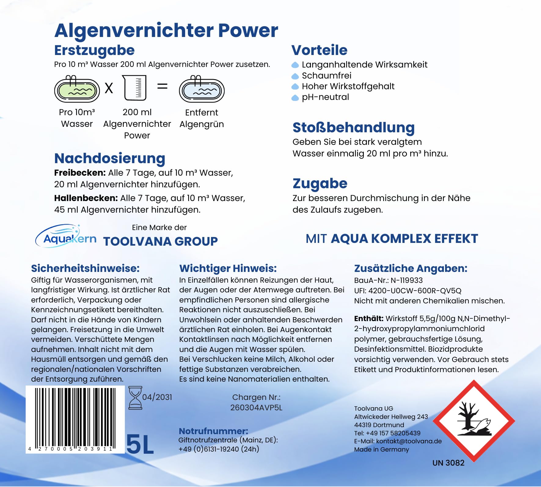 Algenvernichter Pool Power 5L [mit Aqua KLAR KOMPLEX] entfernt Grünbelag | Algizid bei Grünalgen | Für mehr als 250.000 Liter | Schaumfreier Algenverhüter | Algenschutz | Made in Germany