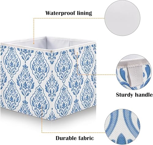 Miniatura 4 de Kigai Contenedores de almacenamiento con diseño de damasco azul y blanco, 11 x 11 x 11 pulgadas, cesta de almacenamiento plegable grande de tela,