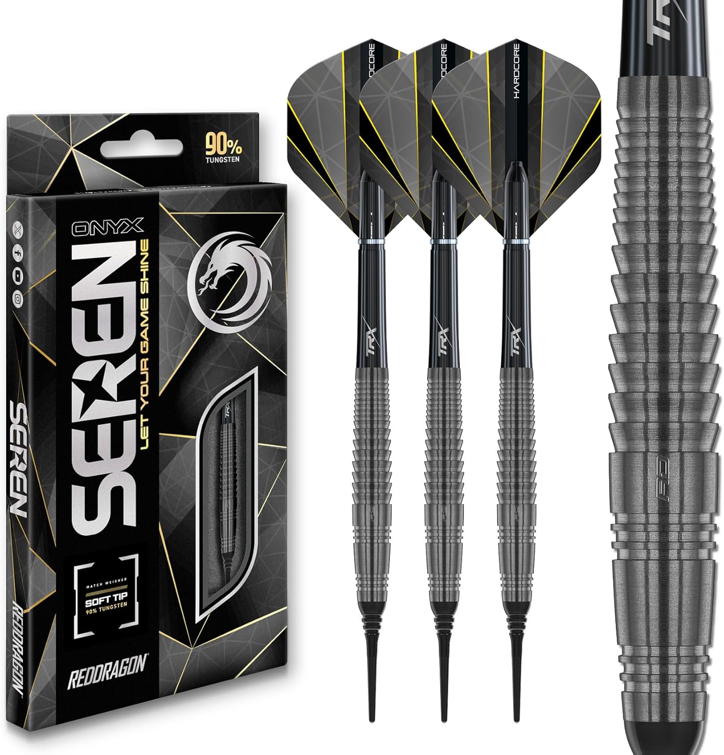 RED DRAGON Darts – Seren Onyx Series - 90% Tungsten Professional Soft tip Darts Set with Dart Flights and Dart Shafts (Stems) - Available in Four Styles