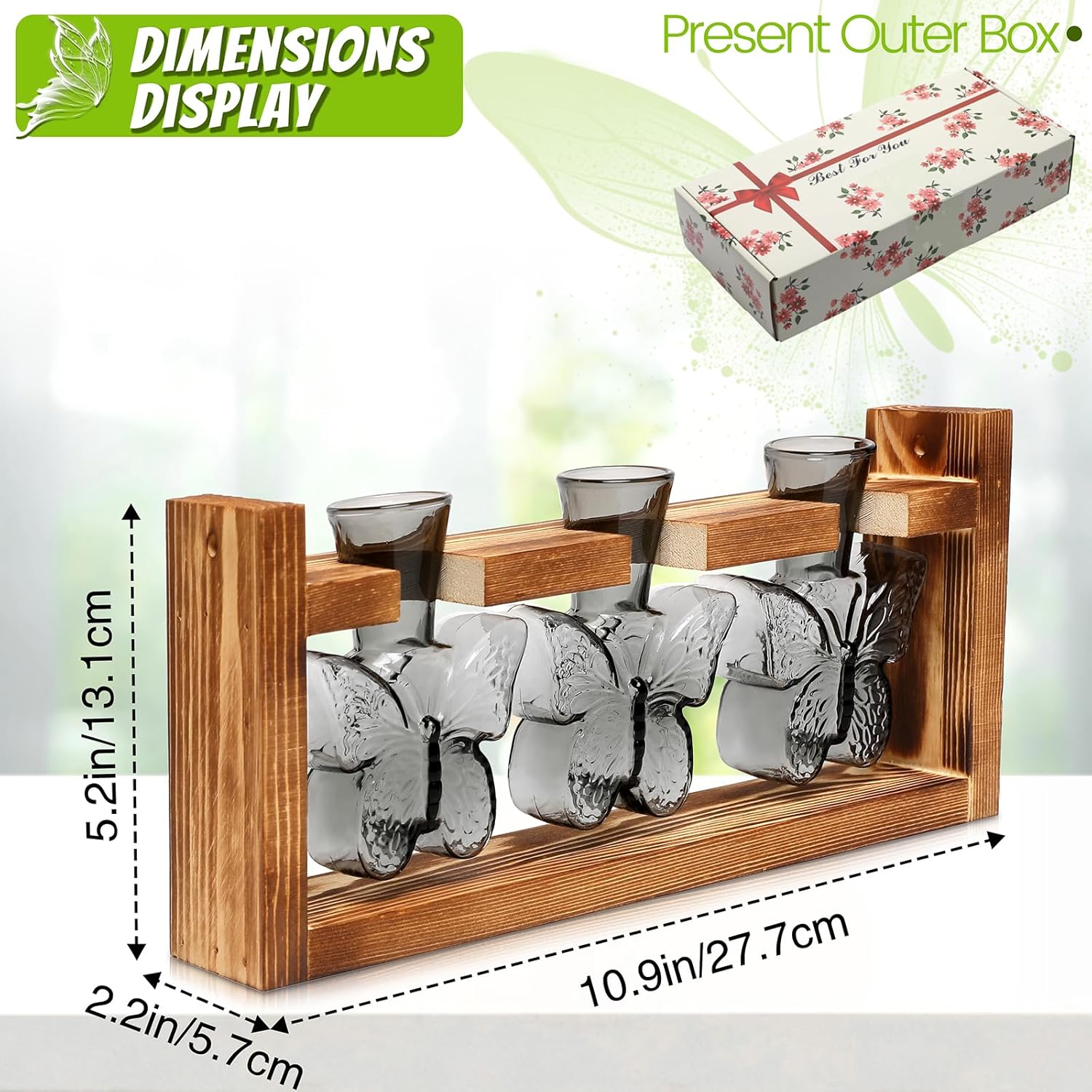 Glass Plant Propagation Station Butterfly Planter Vase with Wooden Stand Birthday Gifts for Women Mom Plant Lovers Office Home Decoration - Image 2