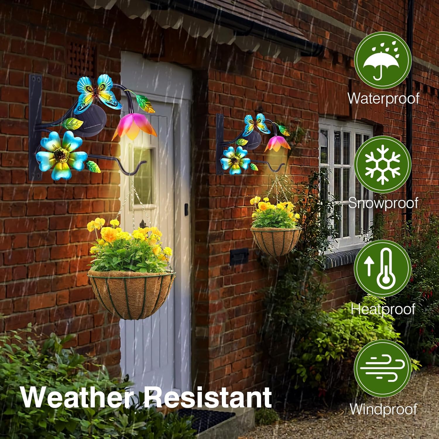 Lewondr Plant Hangers with Solar Light,9 Inch Metal Hanging Plant Bracket Outside,Butterfly Plant Wall Hook Solar Lights Outdoor for Wall,Flower Basket,Bird Feeder,Lantern,Wind Chime,2 Pack