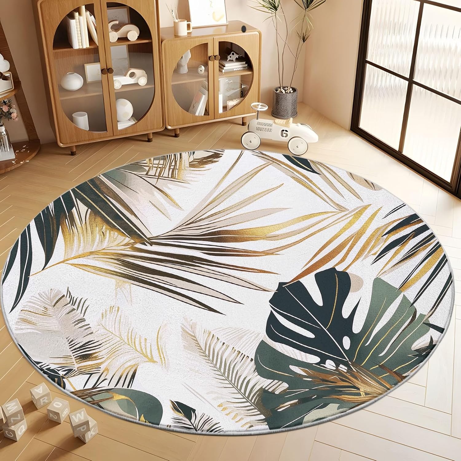 Washable Round Rugs 5' x 5', Tropical Watercolor Monstera Round Area Rug for Living Room, Plant Leaves Non-Slip Round Carpets, Soft Low-Pile Circle Rug for Dining Room Table