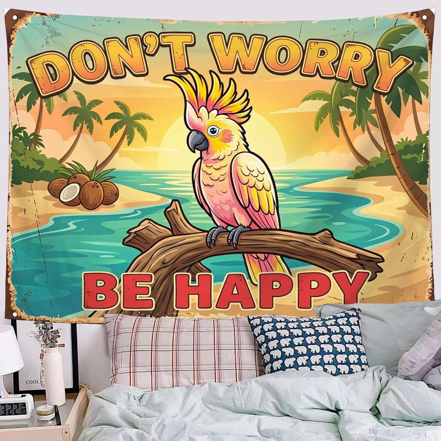 JRISEMECY Tropical Parrot Beach Large Soft Tapestry For Bedroom | Retro Vacation Poster Wall Hanging Yellow Aesthetic Tapestry Wall Art Backdrop Poster Decor For Living Room Dorm 40"X30"