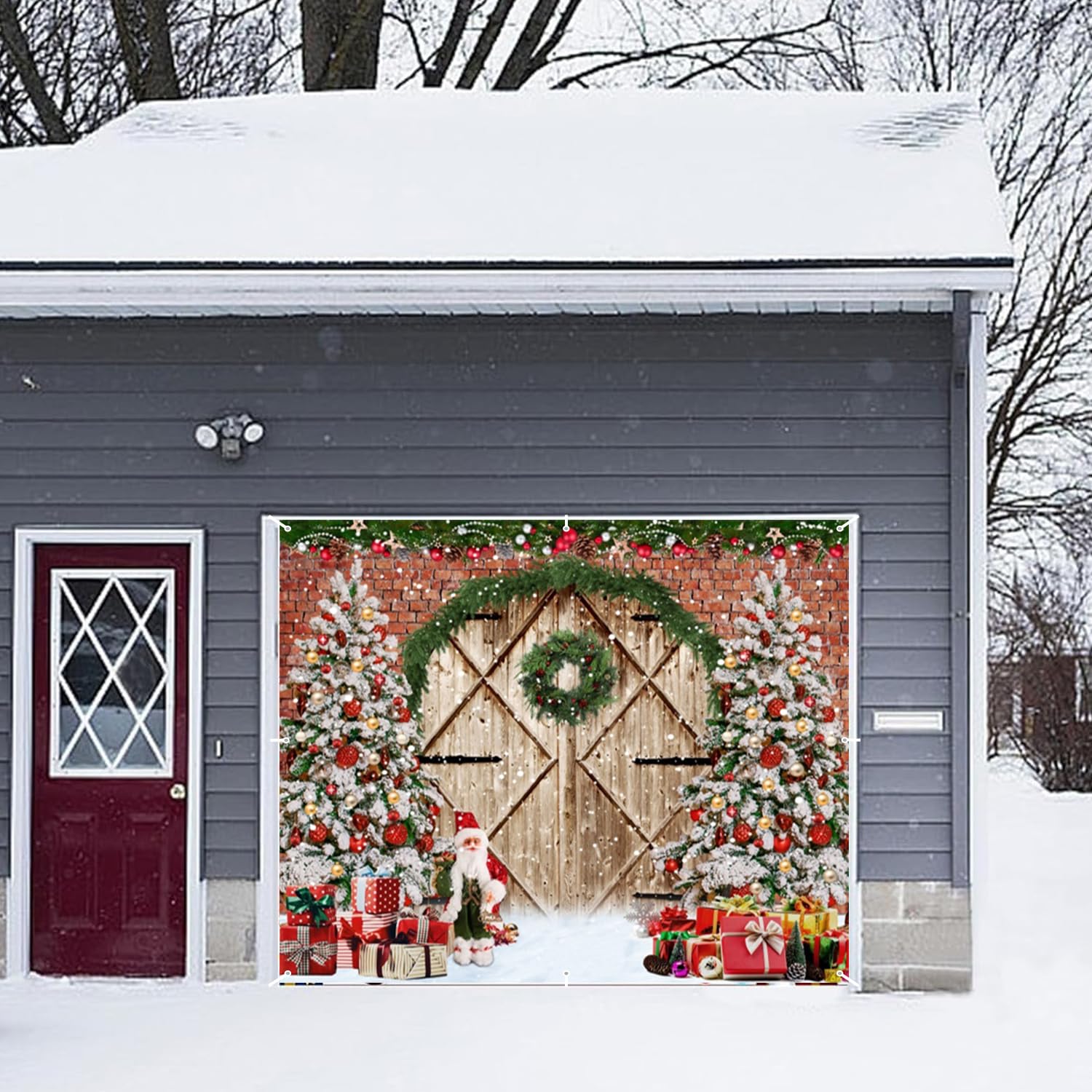 Weihnachts-Garagentor-Abdeckung – 490 X 210 Cm, Mit Wintermotiv (Weihnachtsbaum, Schneeflocken), Inkl. Aufhängeschnur