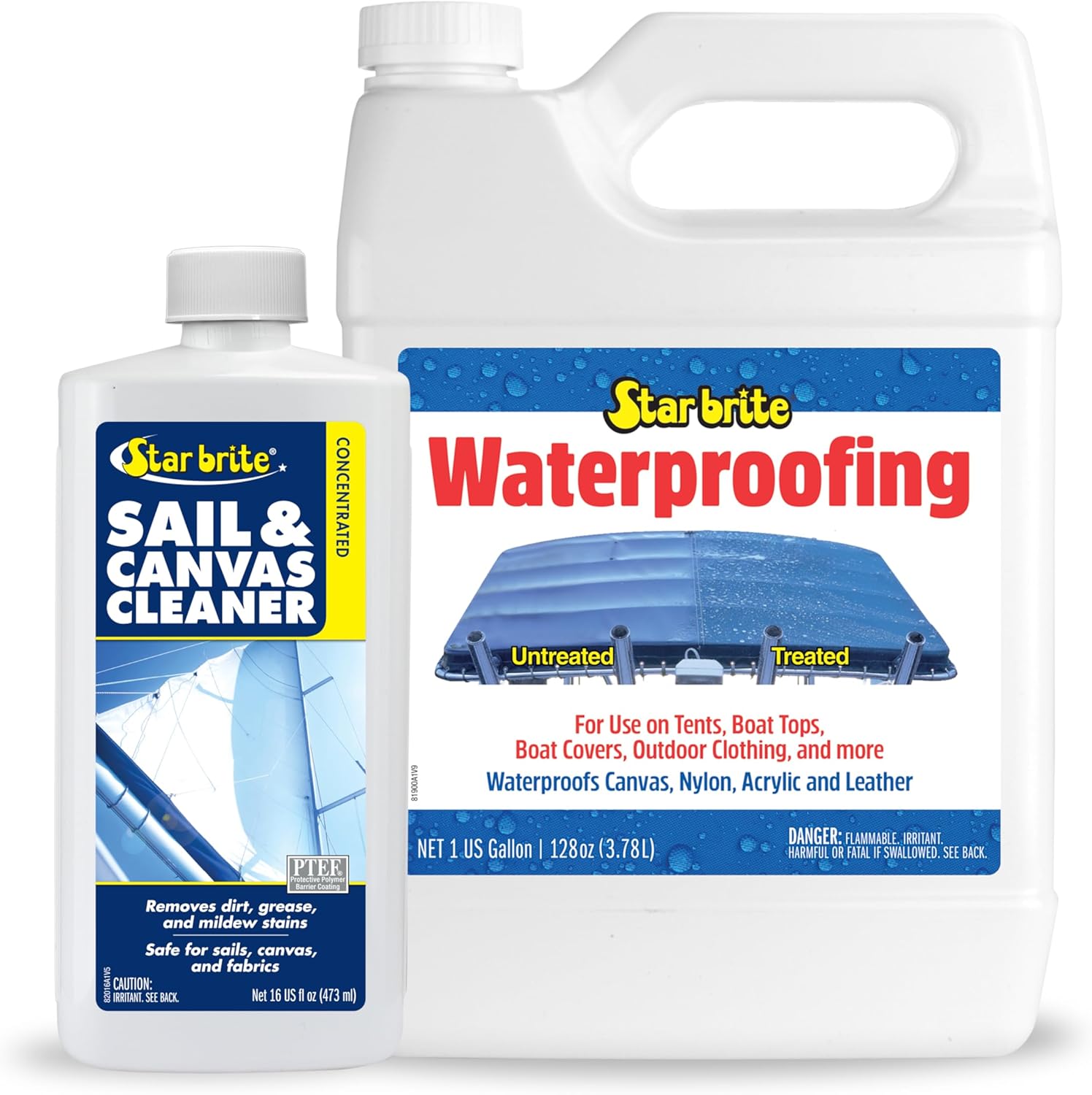 STAR BRITE Waterproofing Spray, Waterproofer + Stain Repellent + UV Protection - 1 GAL (081900N) & STAR BRITE Sail & Canvas Cleaner Concentrated Formula - 16 OZ (082016)