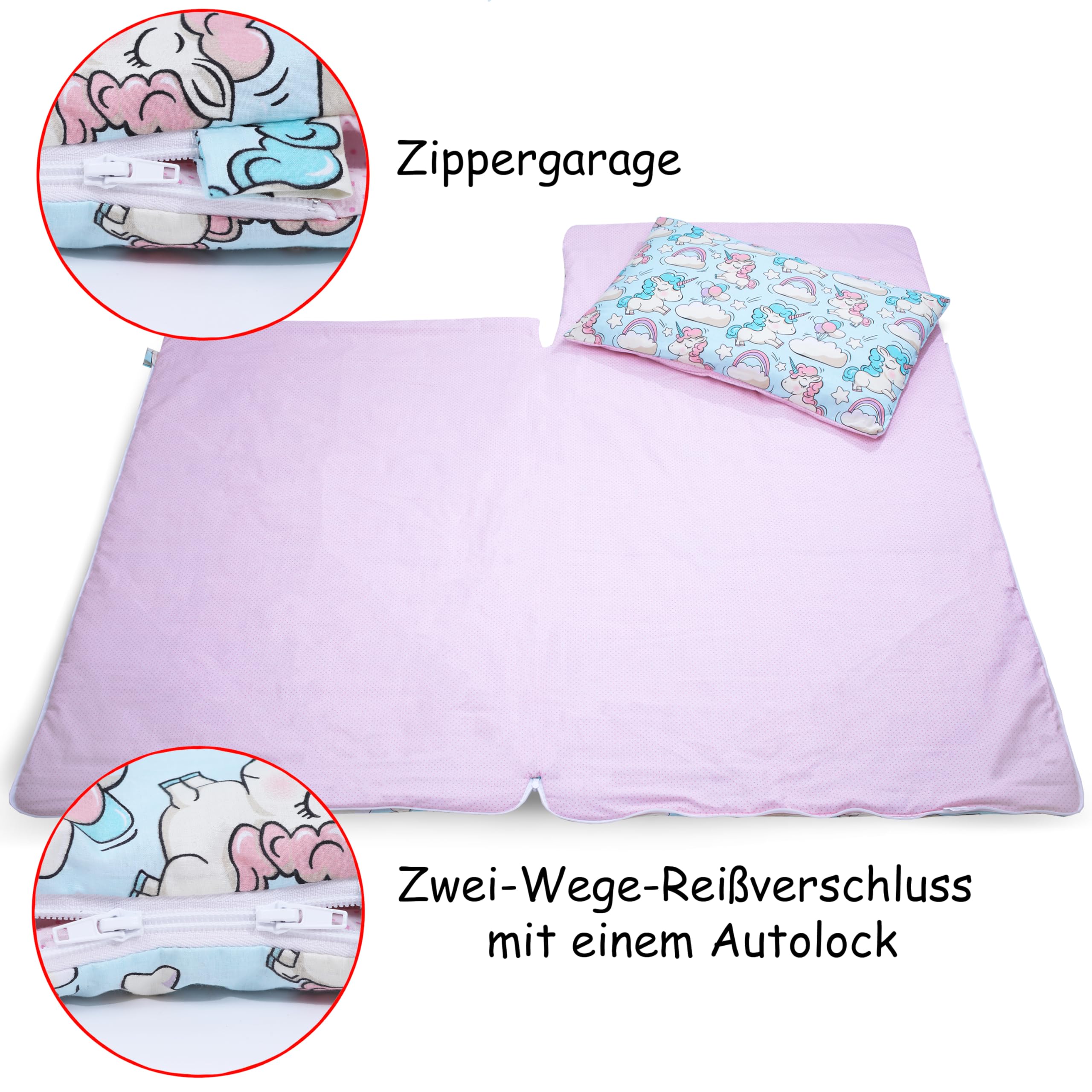 PinkZebra Schlafsack Kinder 140x75 cm mit Kissenbezug 60x40 cm & Beutel, Öko-Tex, Einhorn