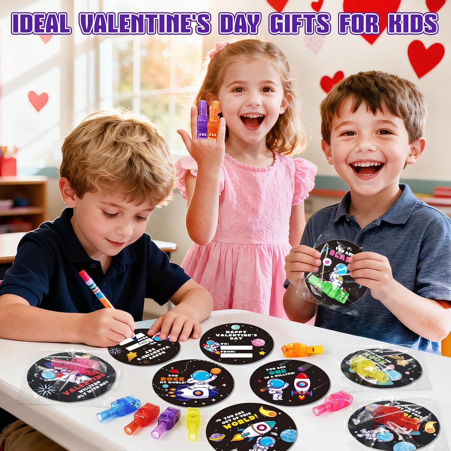 28 Pack Valentines Day Cards for Kids School, Valentine's Greeting Cards with LED Finger Lights Toys, Valentine's Day Gifts for Kids Classroom School Exchange, Valentines Party Favors Prizes for Kids
