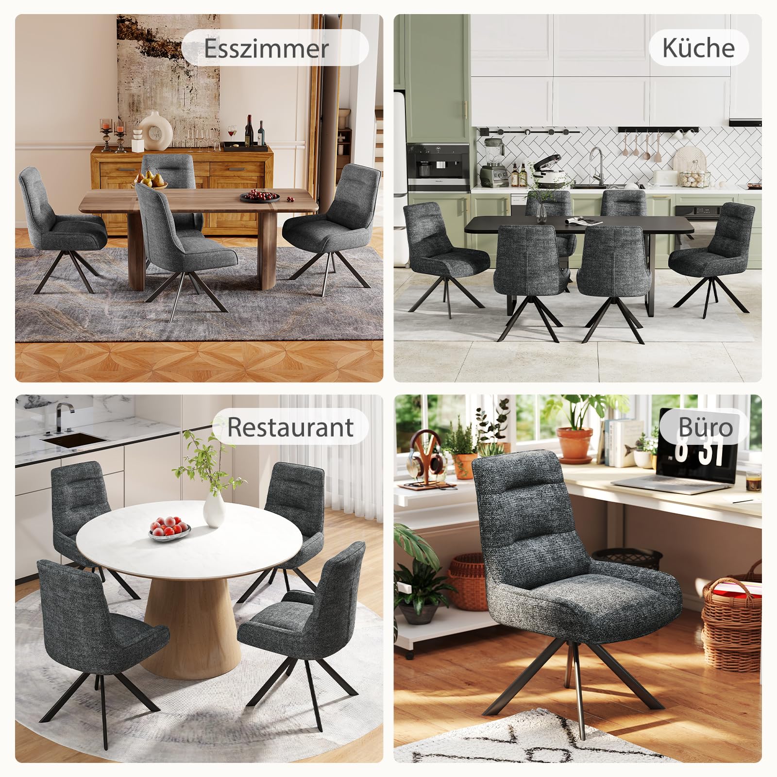 Drehstuhl Esszimmer, 4er Set 360° Drehbar Esszimmerstuhl, Küchenstuhl, Polsterstuhl aus Chenille, Schminkstuhl mit Hoher Rückenlehne und Metallbeine für Esszimmer Küche Büro, Dunkelgrau