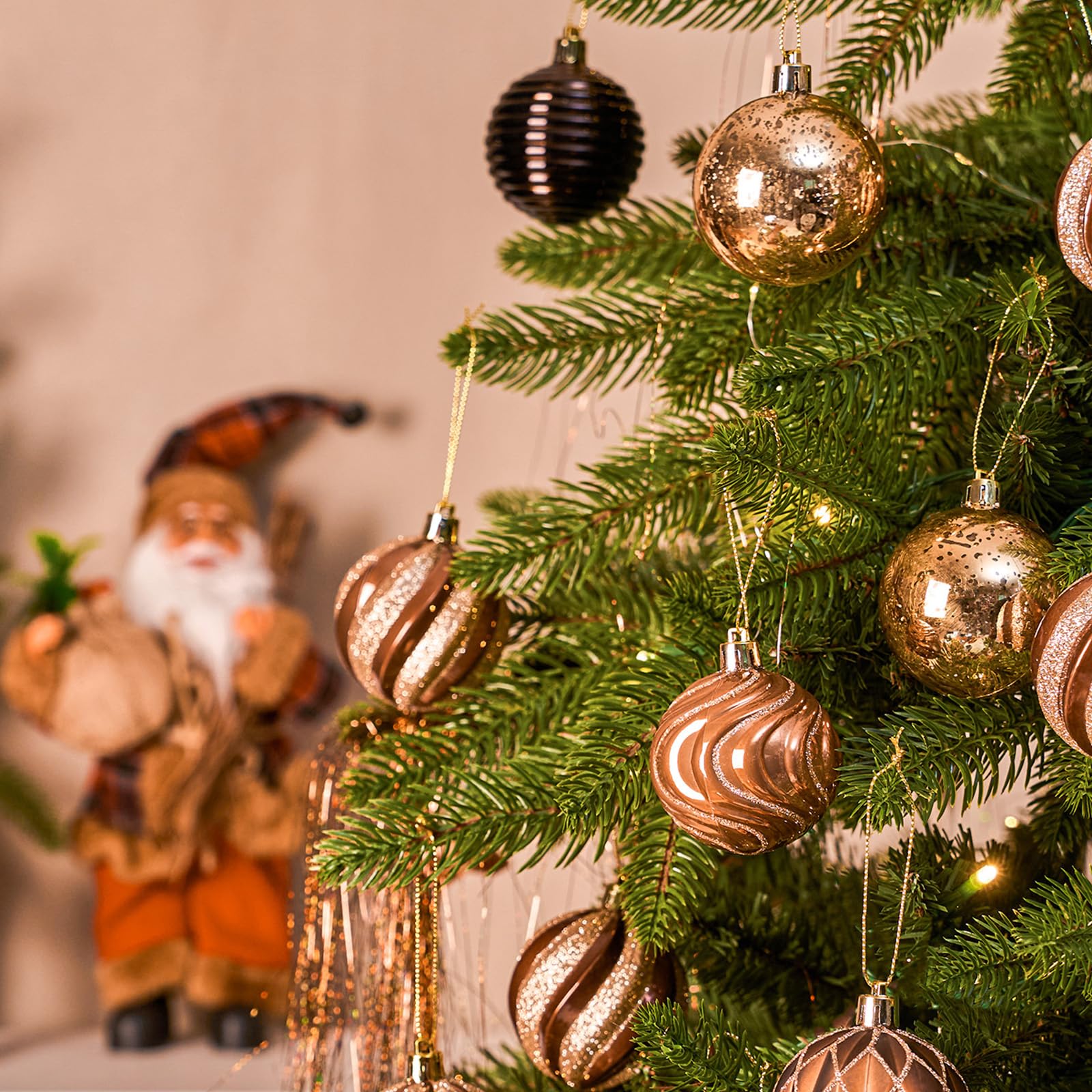 JORNOY Adornos de bolas de Navidad, 30 unidades, irrompibles, juego de bombillas colgantes con cuerda para decoración de fiestas en el hogar, 60 mm, marrón y dorado