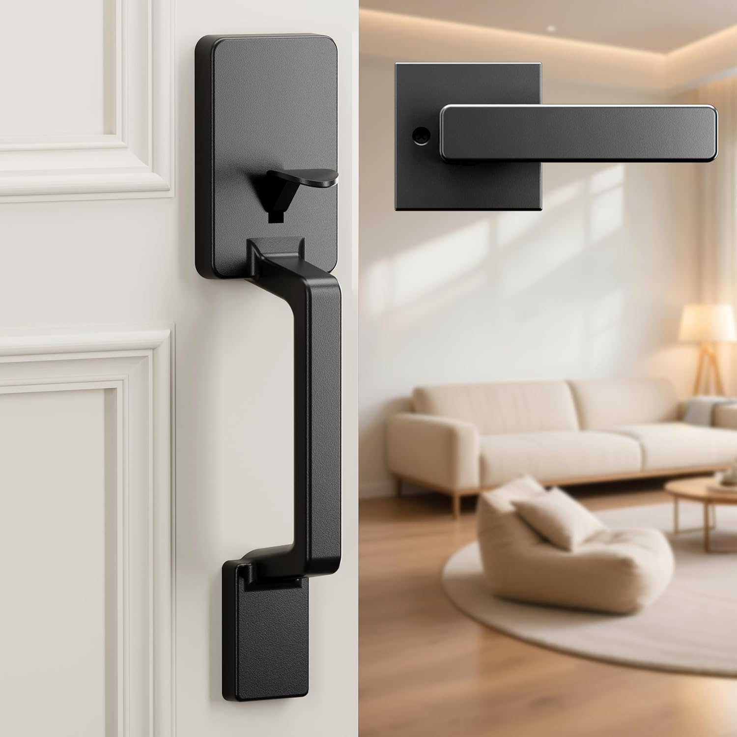 Philips Front Door Handle No Lock, Entry Handleset Exterior with Interior Handed Lever, Modern Front Door Handle,Deadbolt Not Included, Matte Black