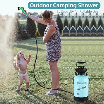 Portable Shower for Camping with 7 Spray Modes, Hand Press Camping Shower with Removable Hose and Shower Head,Pressure Rinse Kits for Hiking Traveling Garden Beach Pet Shower