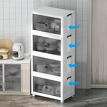 Deconox 4 Kat Portatif Organizer Tekerlekli Çok Amaçlı Katlanabilir Dolap, Kapaklı Düzenleyici Raf Mutfak, Banyo, Çocuk Odası, Garaj ve Ardiye için Toparlayıcı Ünite, Stop Tekerlekli (BEYAZ)