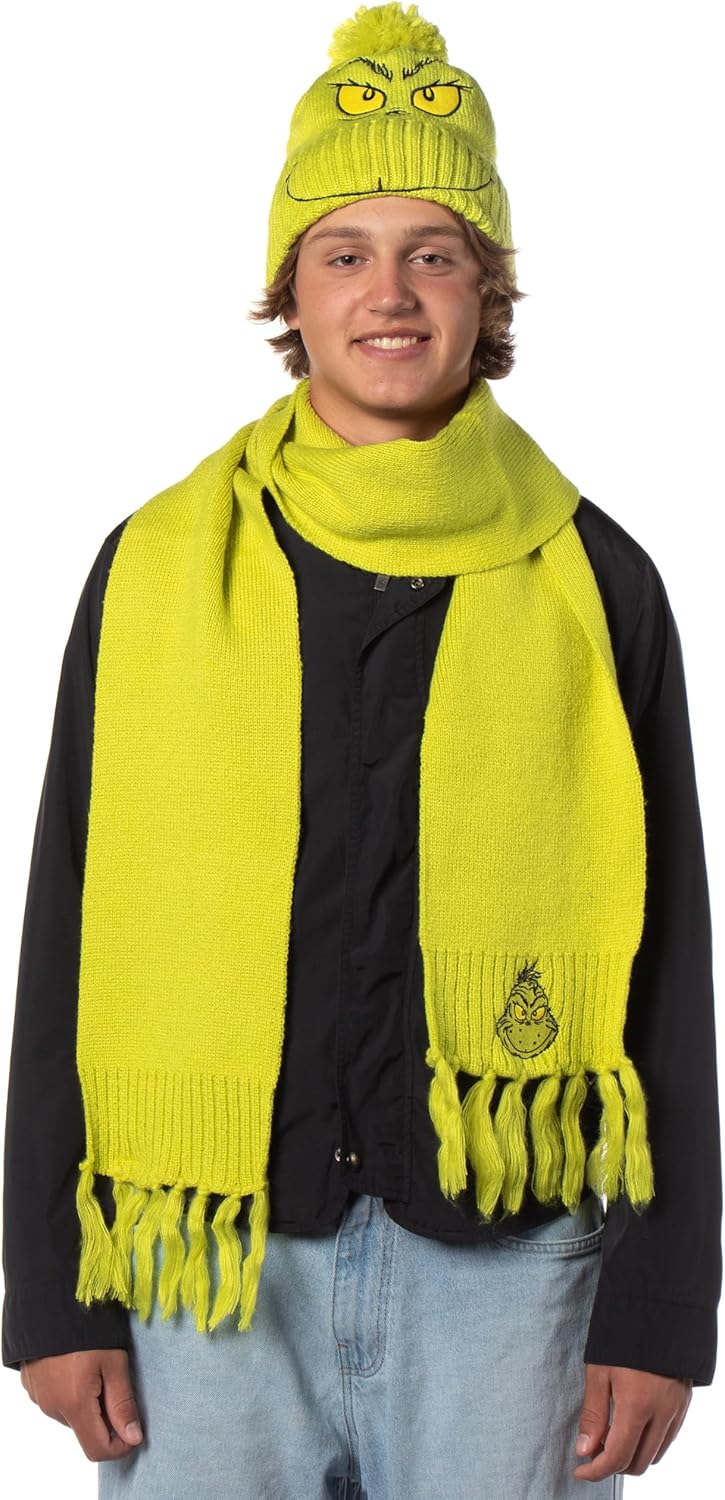 Dr. Seuss The Grinch Embroidered Design Adult Knit Scarf and Pom Cuffed Beanie Set