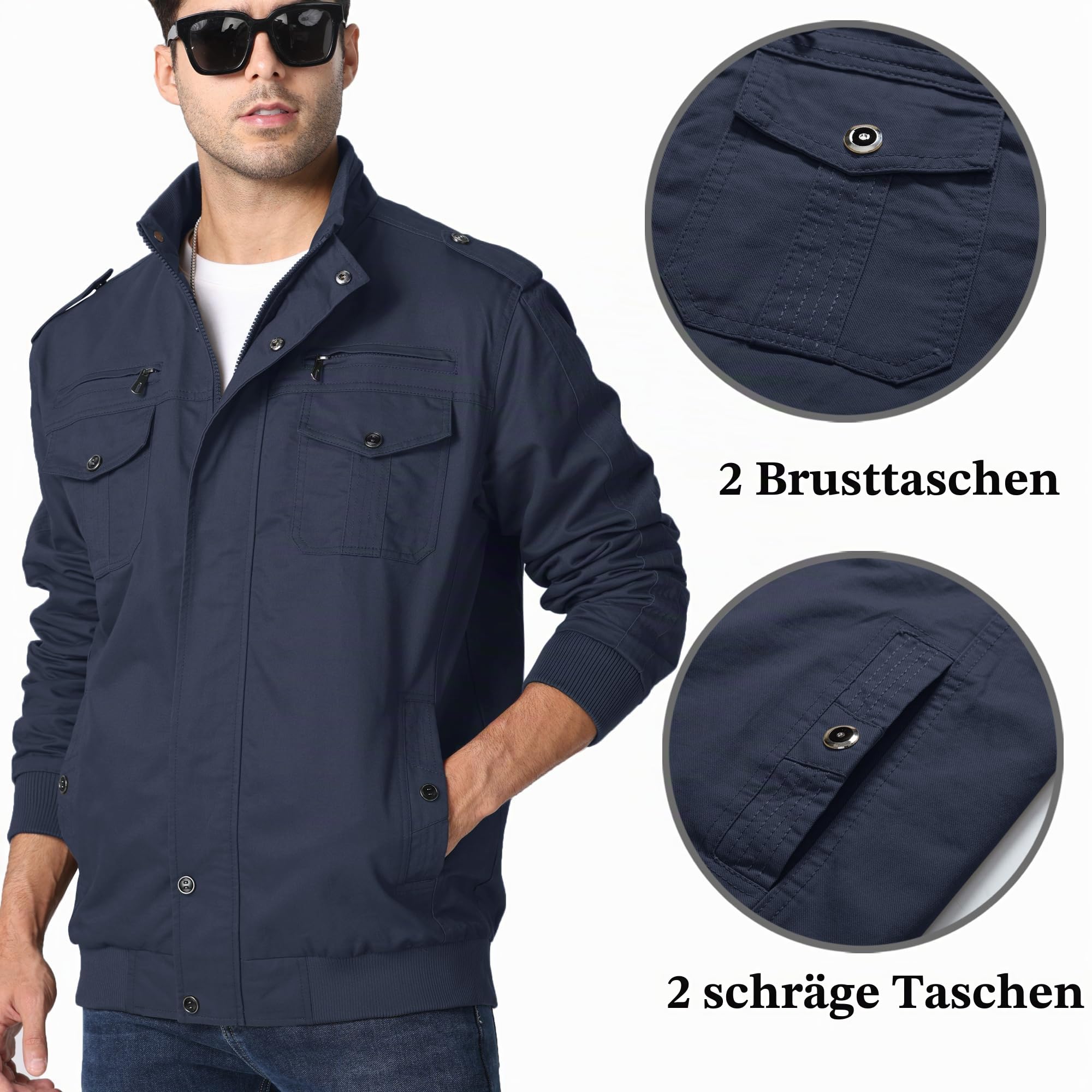 KEFITEVD Herren Übergangsjacke Leicht Herbstjacke Fliegerjacke Stehkragen Bomberjacke Baumwolle Army Feldjacke Cargo Jacke