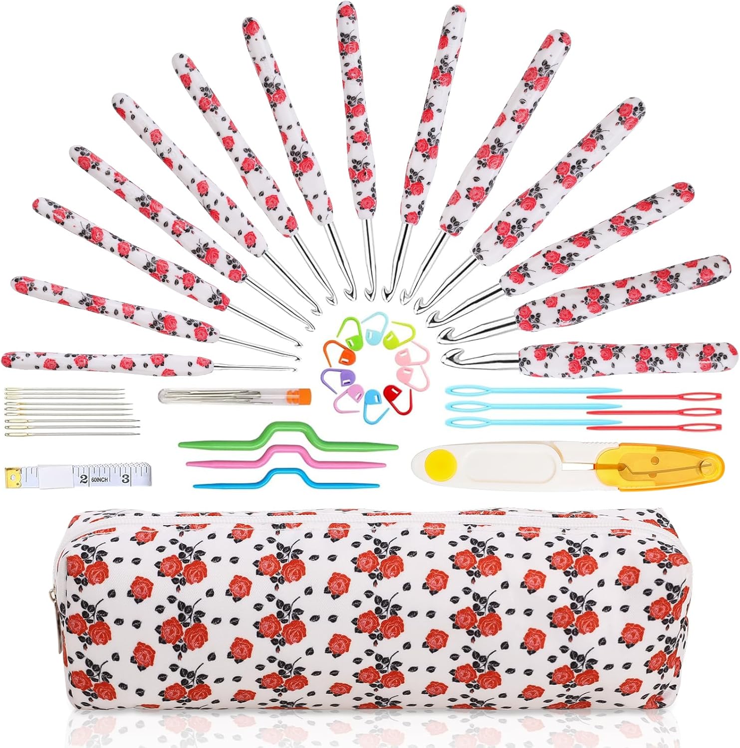 Looen Crochet Hooks Set, 14 Sizes 2.25mm(B)-10mm(N) Ergonomic Handle for Arthritic Hands, Soft Rubber Grip Knitting Needles Kit for Crochet Beginners, Knitting Enthusiasts (Pink)