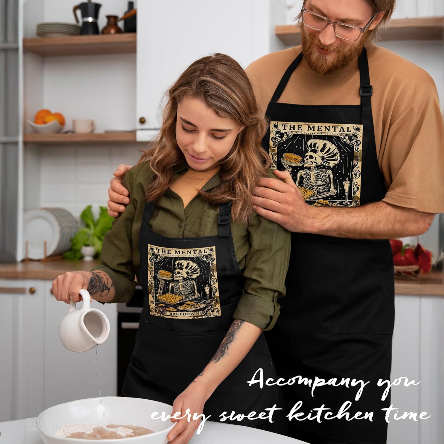 Funny Gothic Skeleton Baker Apron with Pockets, Baking Lovers Women Gifts, The Mental Bake Down Waterproof Adjustable Cooking Apron for Kitchen Dishwashing Grilling - Image 2